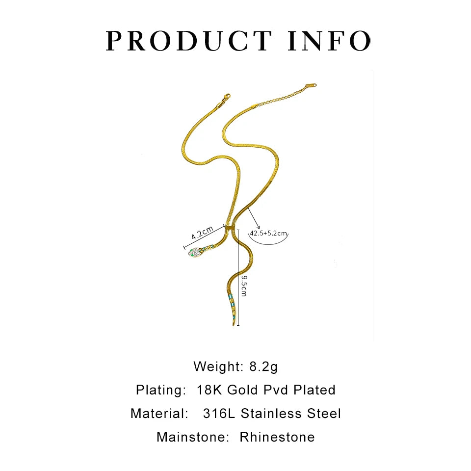Peri'sbox's exquisite necklace features a delicate, clear rhinestone-studded solid gold-plated flat snake chain and a tassel. Crafted from durable stainless steel, this waterproof necklace is perfect for women seeking stylish and long-lasting jewelry.