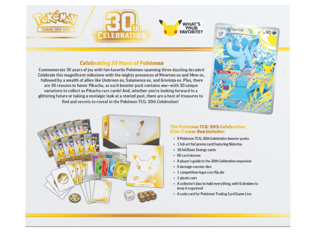 Pokemon TCG: 30th Celebration Elite Trainer Box (1 Full-Art Promo Card, 9 Booster Packs & Premium Accessories)